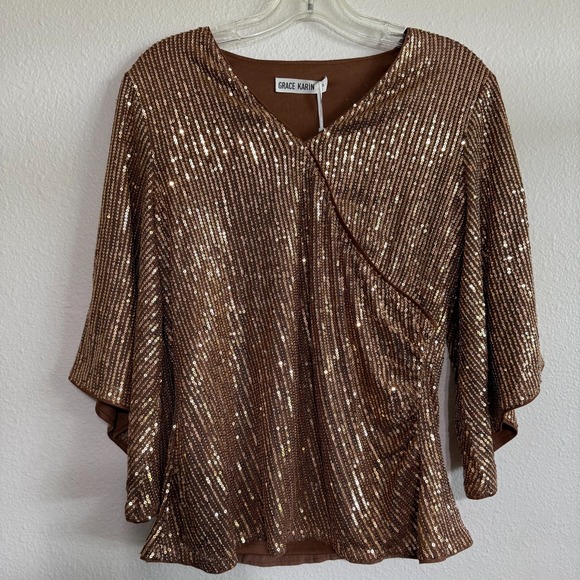 Grace Karin Tops - Grace Karin Sequin Top Women Medium Brown Glitter V-Neck 3/4 Sleeve Party Blouse